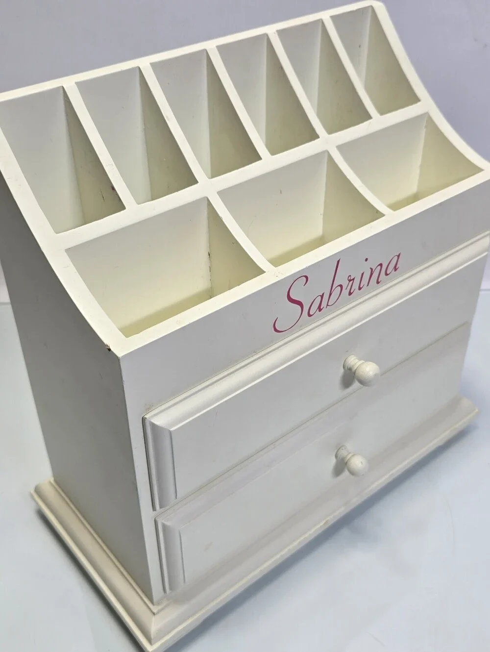 Personalized Sabrina White Wooden Desktop Organizer 2 Drawers 9 Compartments 12